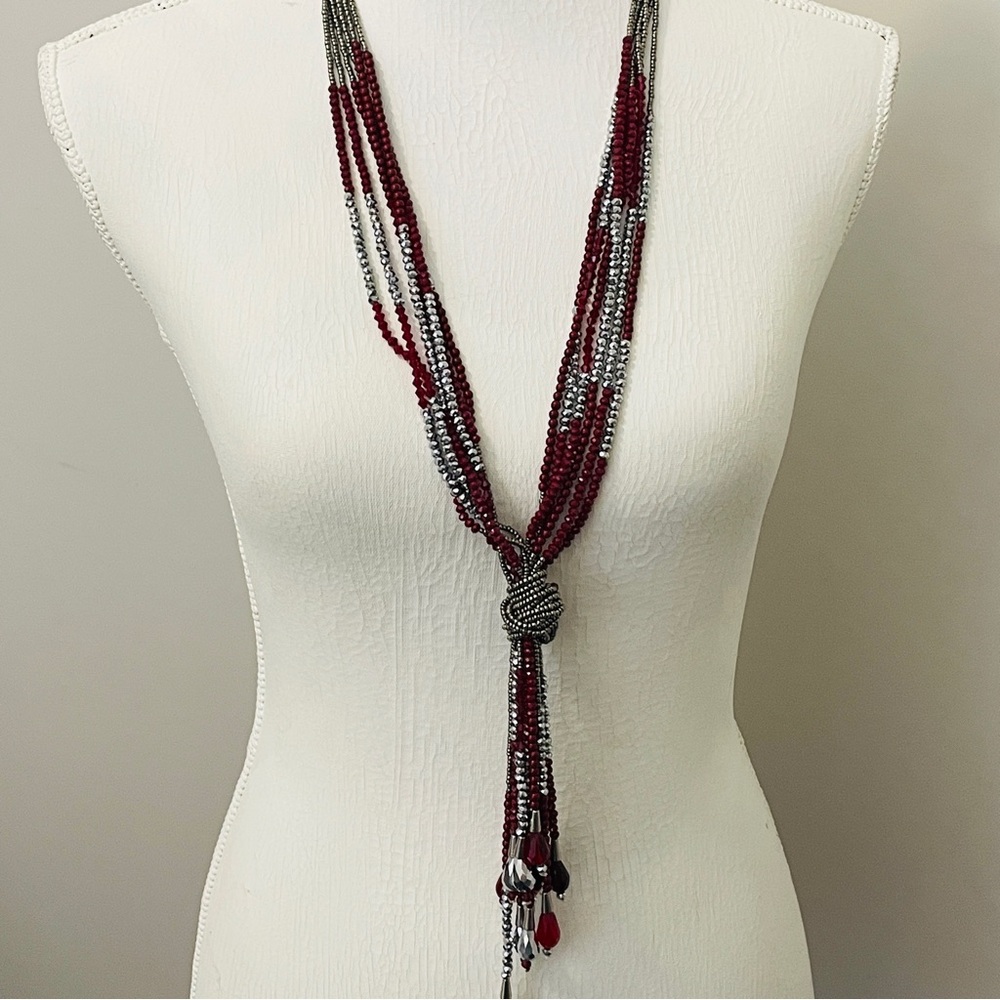 Long Beaded  Red and Silver Tassel Necklace